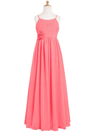 Spaghetti Straps Coral Pleated Chiffon Boho Junior Bridesmaid Dress
